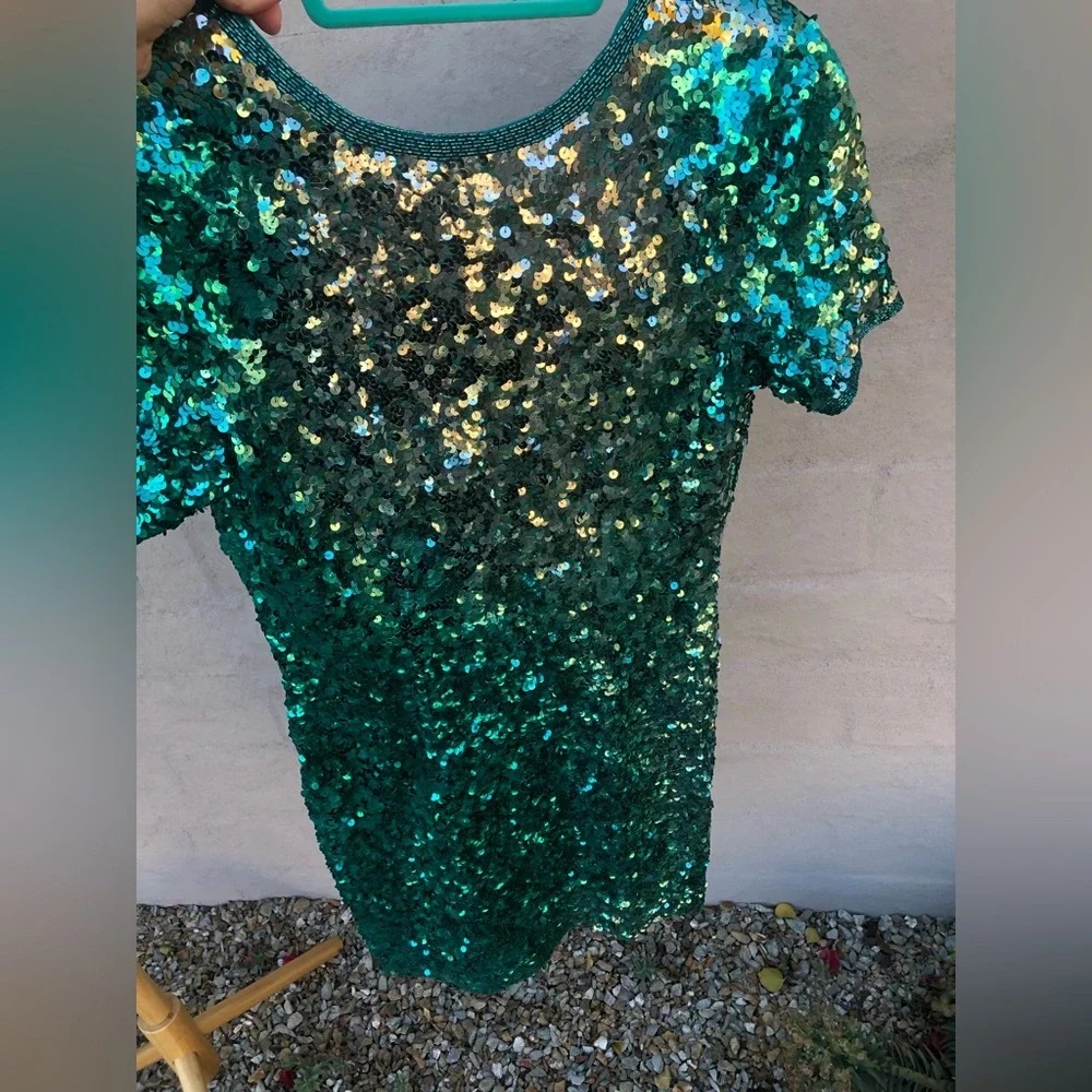 Vintage mini teal silver ombré beaded and sequin mini dress - Picture 6 of 14